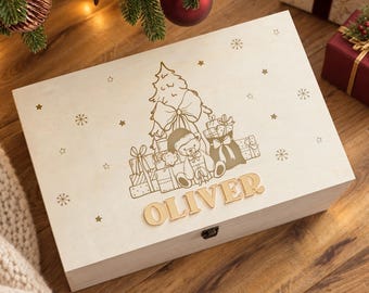 Personalised Wooden Christmas Eve Box with Teddy Bear, Gold Name, Children's Christmas Keepsake Box