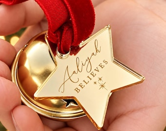 Personalised Believe Bell: Magical Sleigh Bell with Engraved Star Tag, Christmas Keepsake Gift