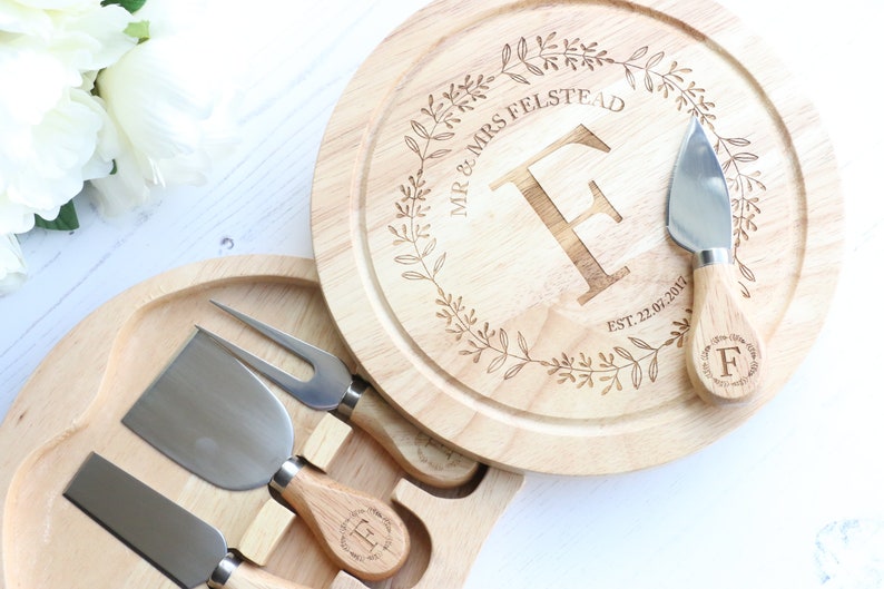 Personalised Cheese board with set of knives , Laser engraved monogram perfect for weddings and anniversarys cheese lovers gift image 1