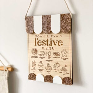 Menu de jeu de Noël personnalisé en bois : accessoire de jeu de simulation festif pour enfants
