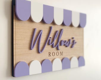 Personalised Bedroom Name Sign with Scalloped Canopy | Custom Playroom Door Sign | Wooden & Acrylic Wall Decor