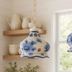One Vintage Hand-painted Ceramic Pendant Light – Blue Floral Delft
