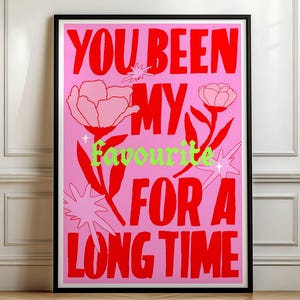 May include: A framed art print with a pink background and red text that reads "YOU BEEN MY FAVOURITE FOR A LONG TIME." The word "FAVOURITE" is in green. The print features floral illustrations in red and pink.