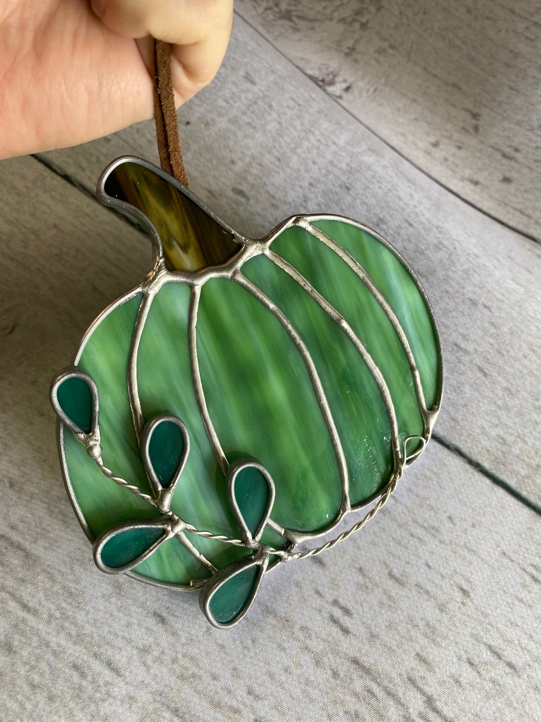 Stained glass pumpkin with foliage green and teal | Etsy