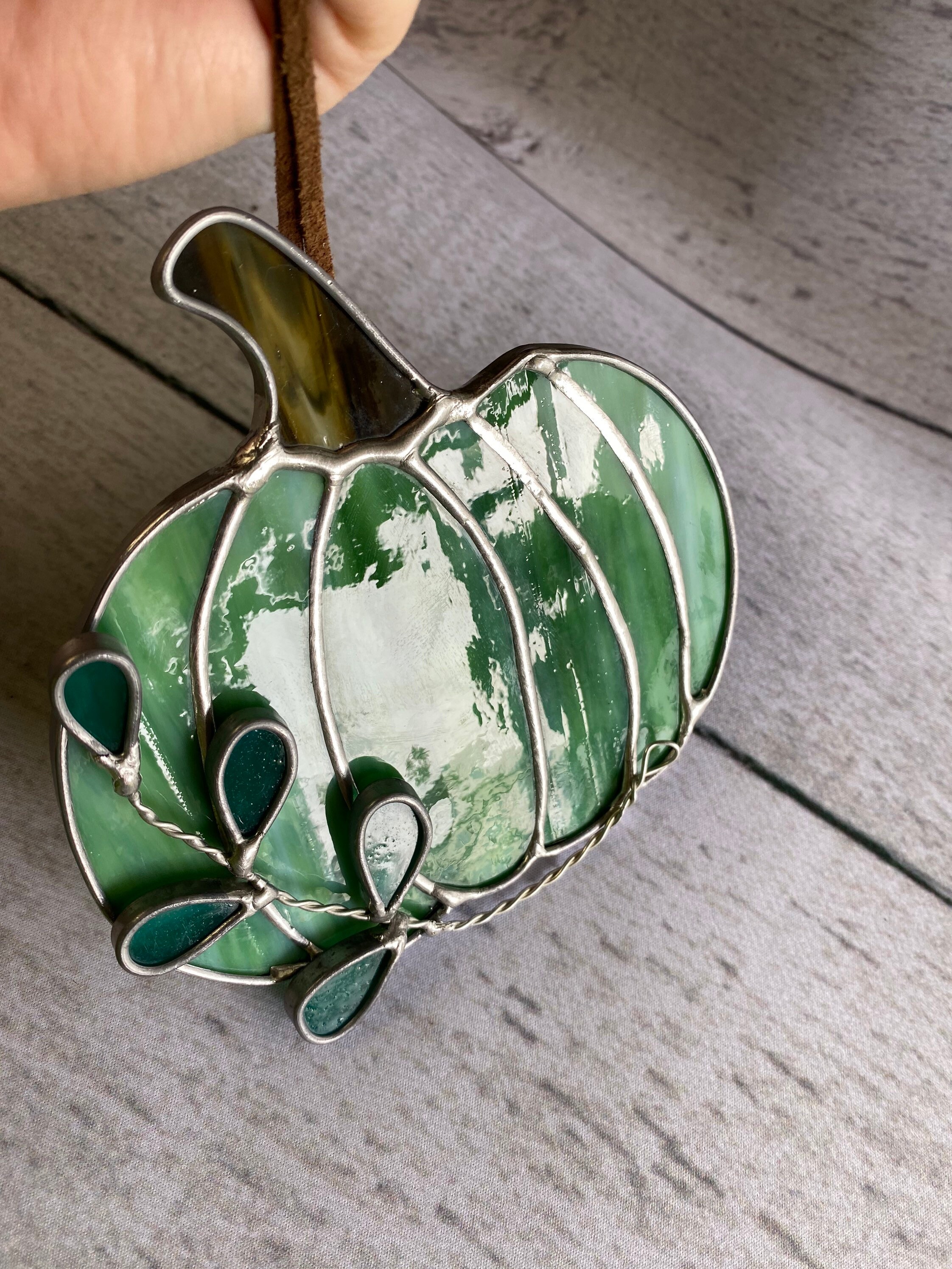 Stained glass pumpkin with foliage green and teal | Etsy
