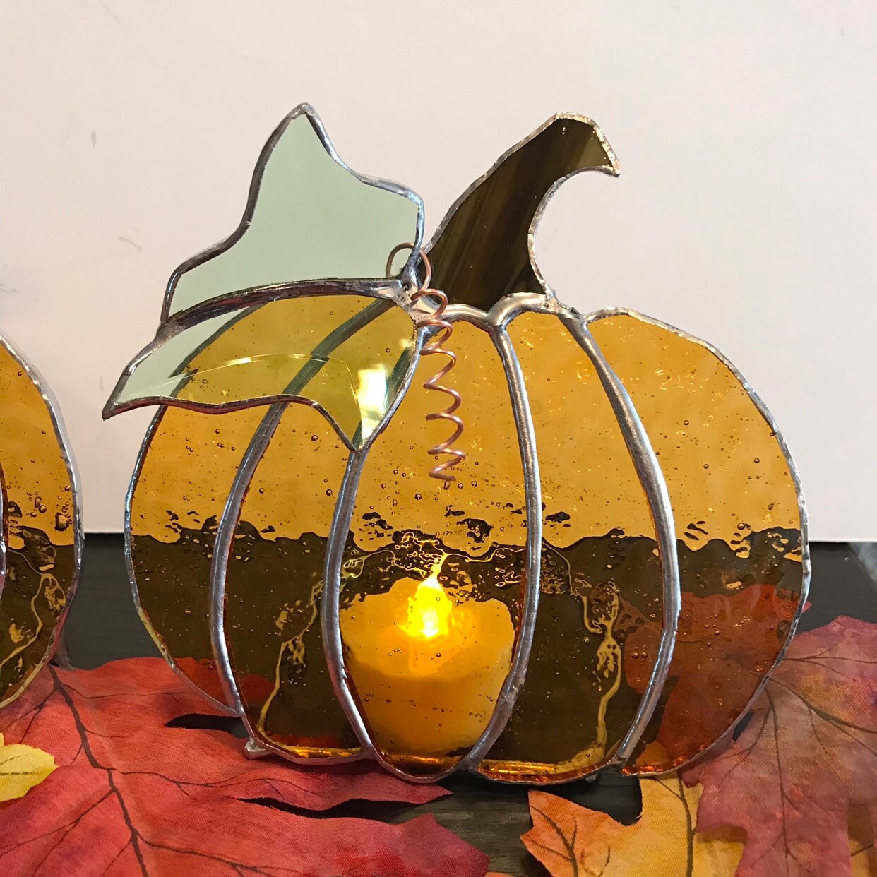 Free-standing Stained Glass Pumpkin W/large Leaf Harvest | Etsy