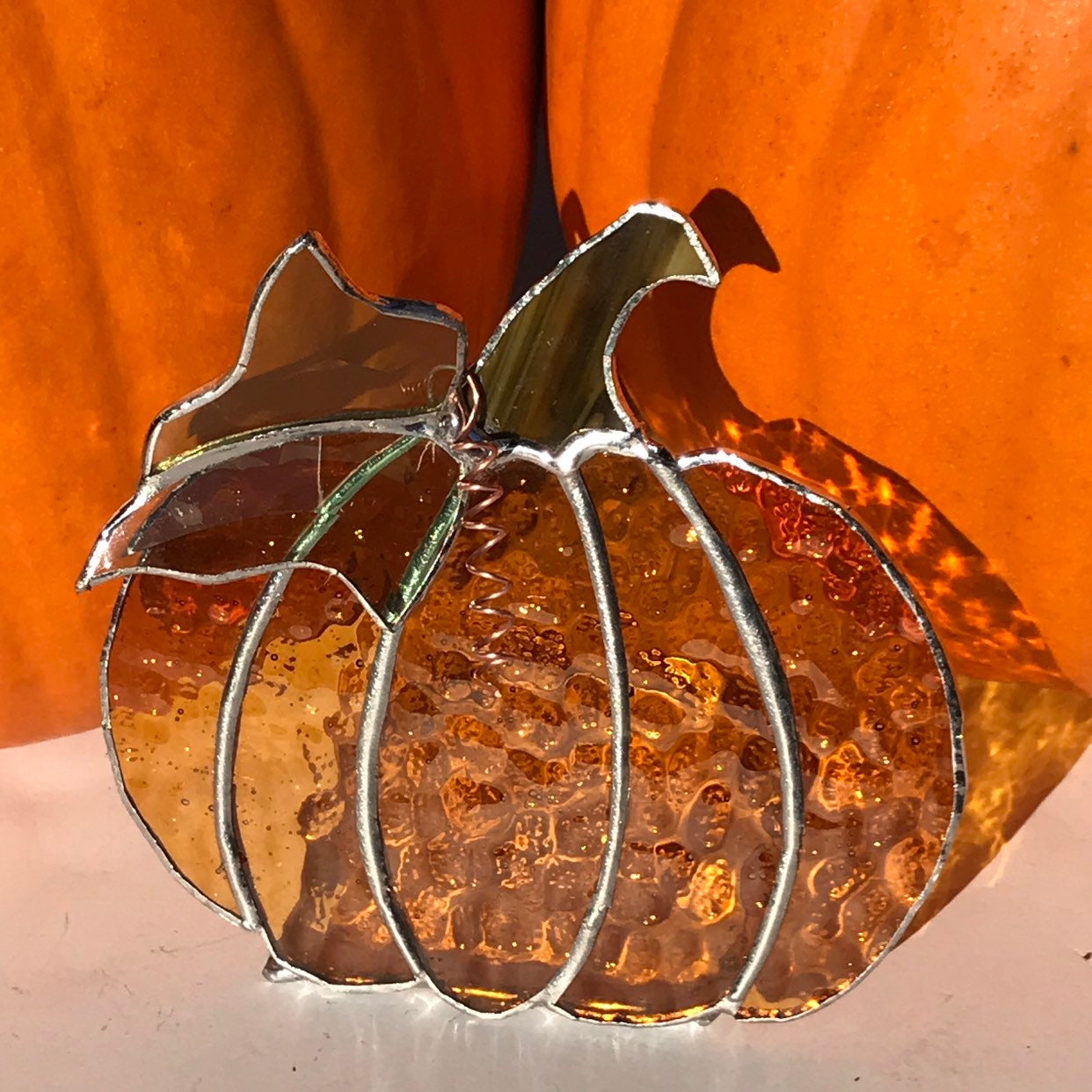 Free-standing Stained Glass Pumpkin W/large Leaf Harvest | Etsy