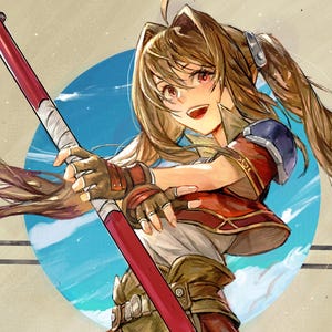 May include: An anime-style illustration of a character with long brown hair in twin tails, wearing a red and brown outfit with fingerless gloves, holding a long red and silver staff. The character has red eyes and is posed dynamically.