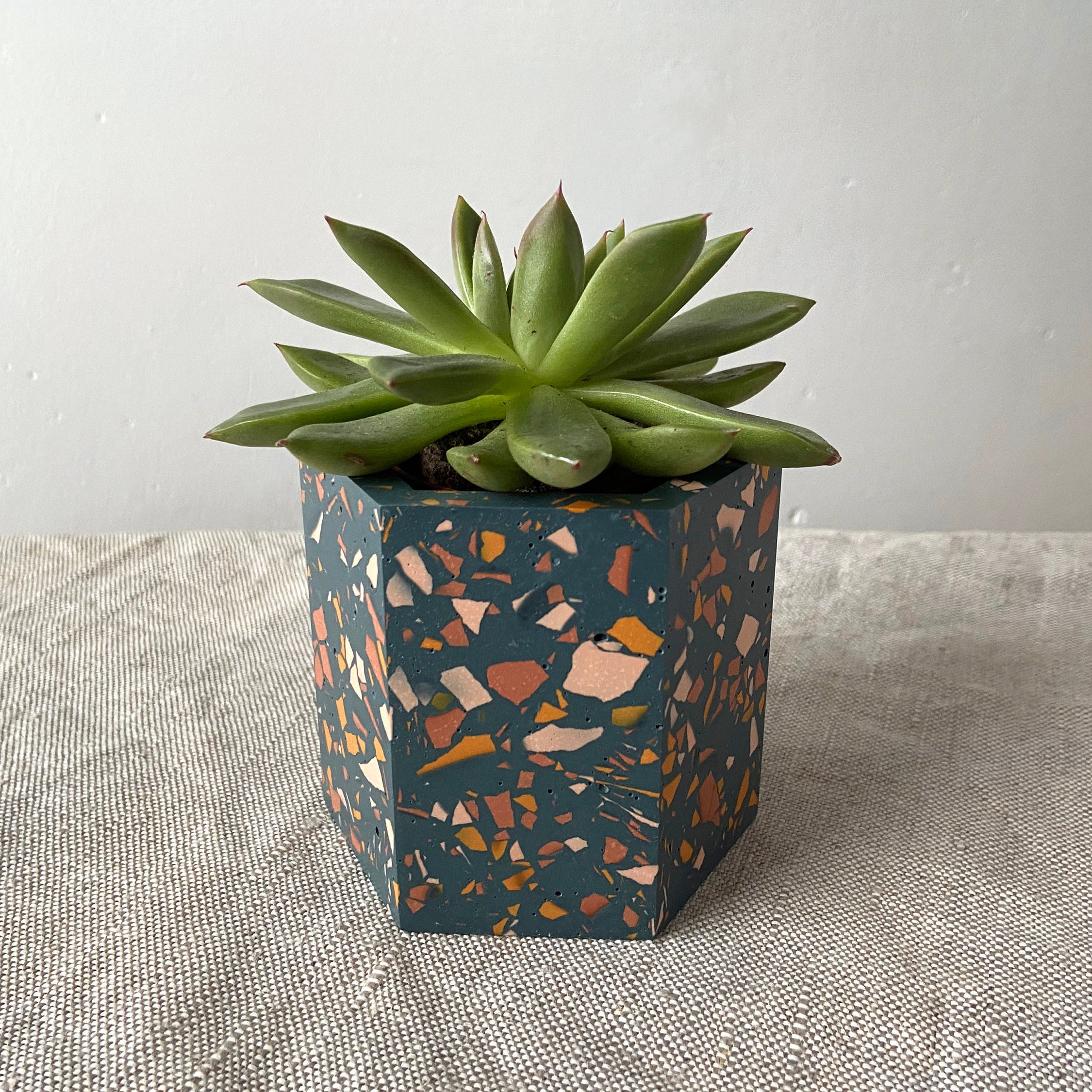 Terrazzo plant pot in navy blue geometric planter