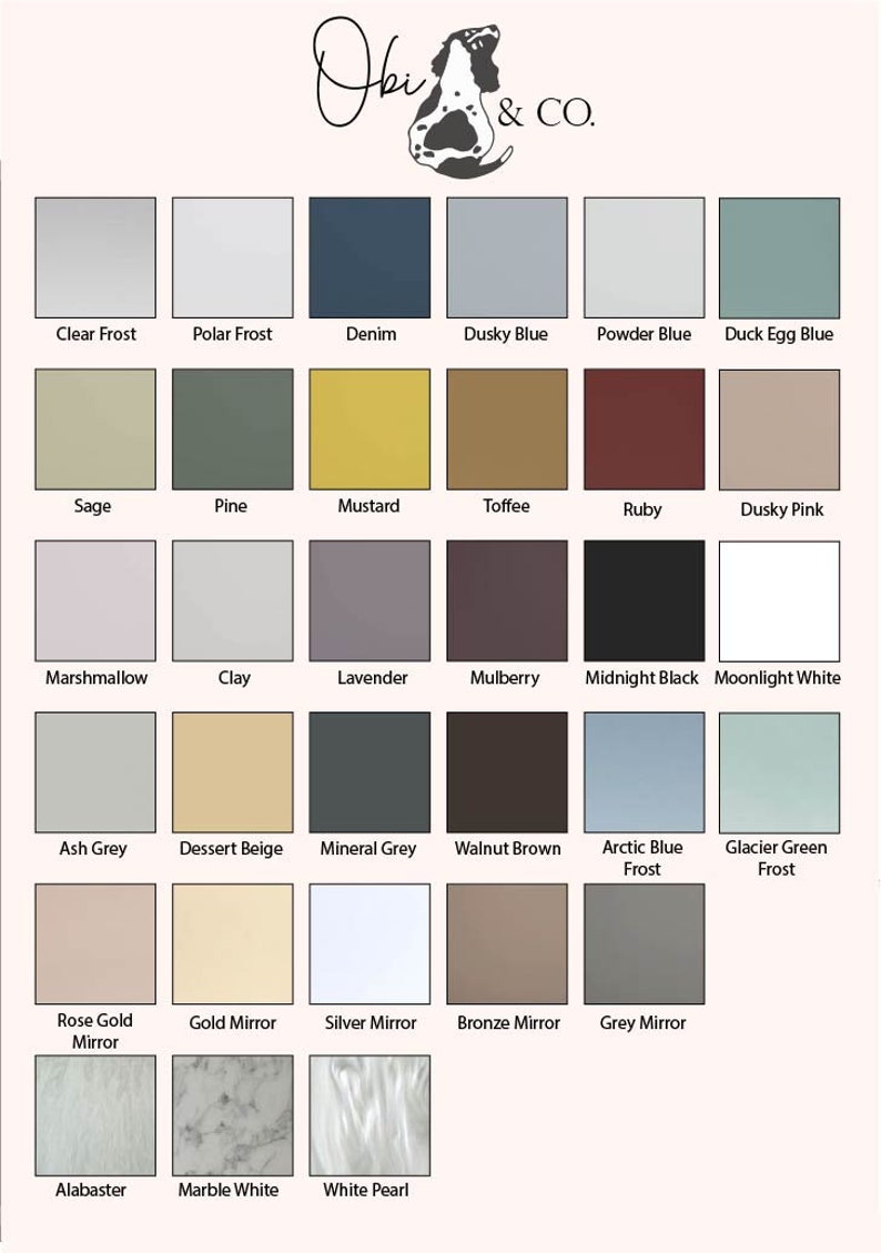 May include: A color chart with 24 different paint colors, including shades of blue, green, grey, brown, and white. The chart is labeled with the names of each color, such as "Clear Frost", "Polar Frost", "Denim", "Dusky Blue", "Powder Blue", "Duck Egg Blue", "Sage", "Pine", "Mustard", "Toffee", "Ruby", "Dusky Pink", "Marshmallow", "Clay", "Lavender", "Mulberry", "Midnight Black", "Moonlight White", "Ash Grey", "Dessert Beige", "Mineral Grey", "Walnut Brown", "Arctic Blue Frost", "Glacier Green Frost", "Rose Gold Mirror", "Gold Mirror", "Silver Mirror", "Bronze Mirror", "Grey Mirror", "Alabaster", "Marble White", and "White Pearl".