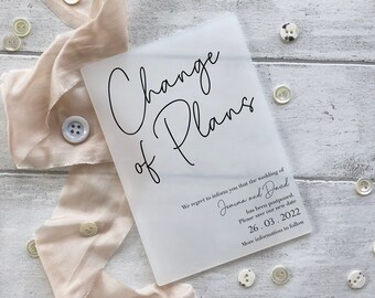 Acrylic Change the Date "Change of Plans"- Wedding invite- Wedding Change the Date- Postponed Wedding- New Date.