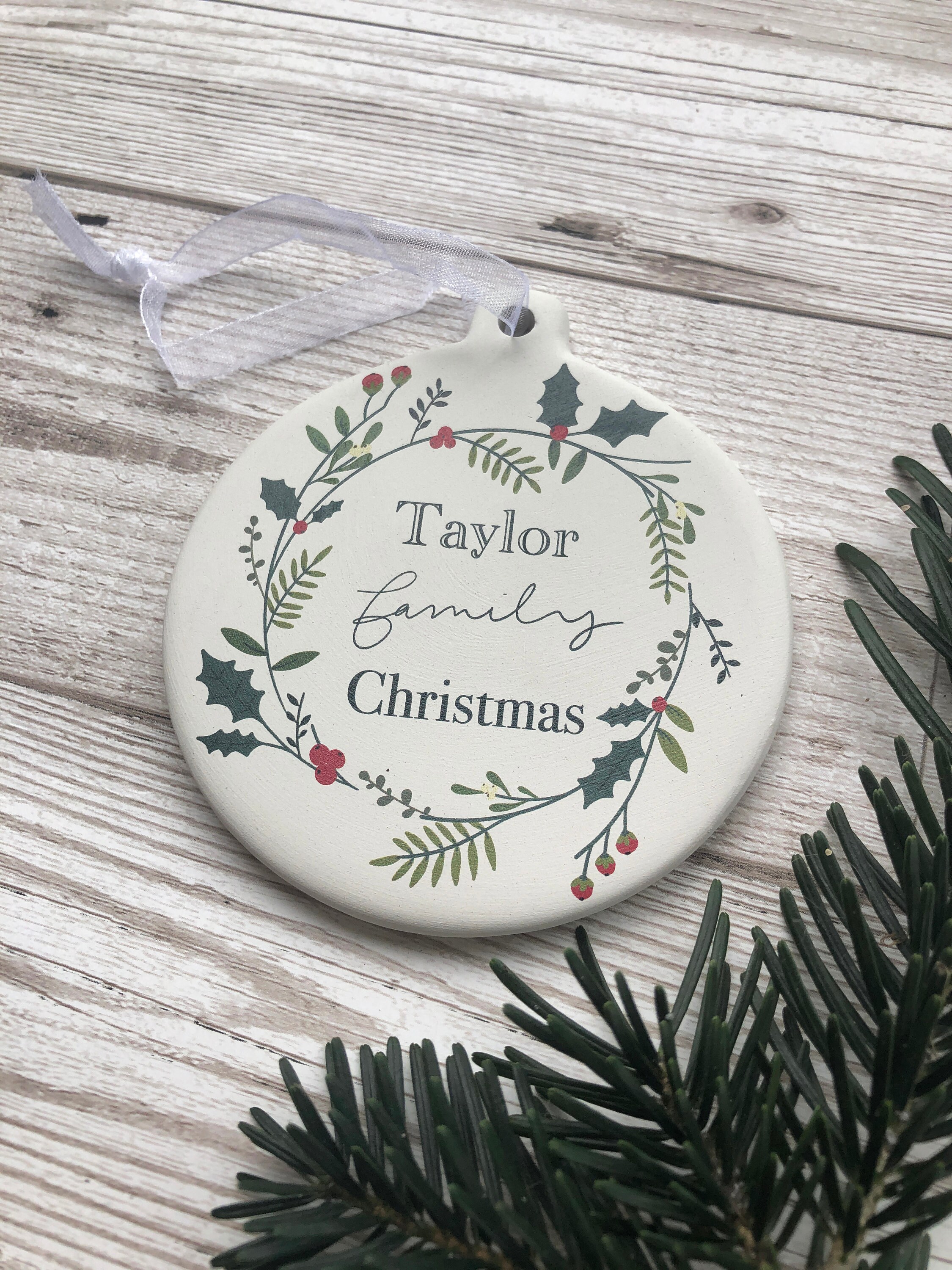 Persoanalised family christmas bauble with hand drawn wreath Etsy