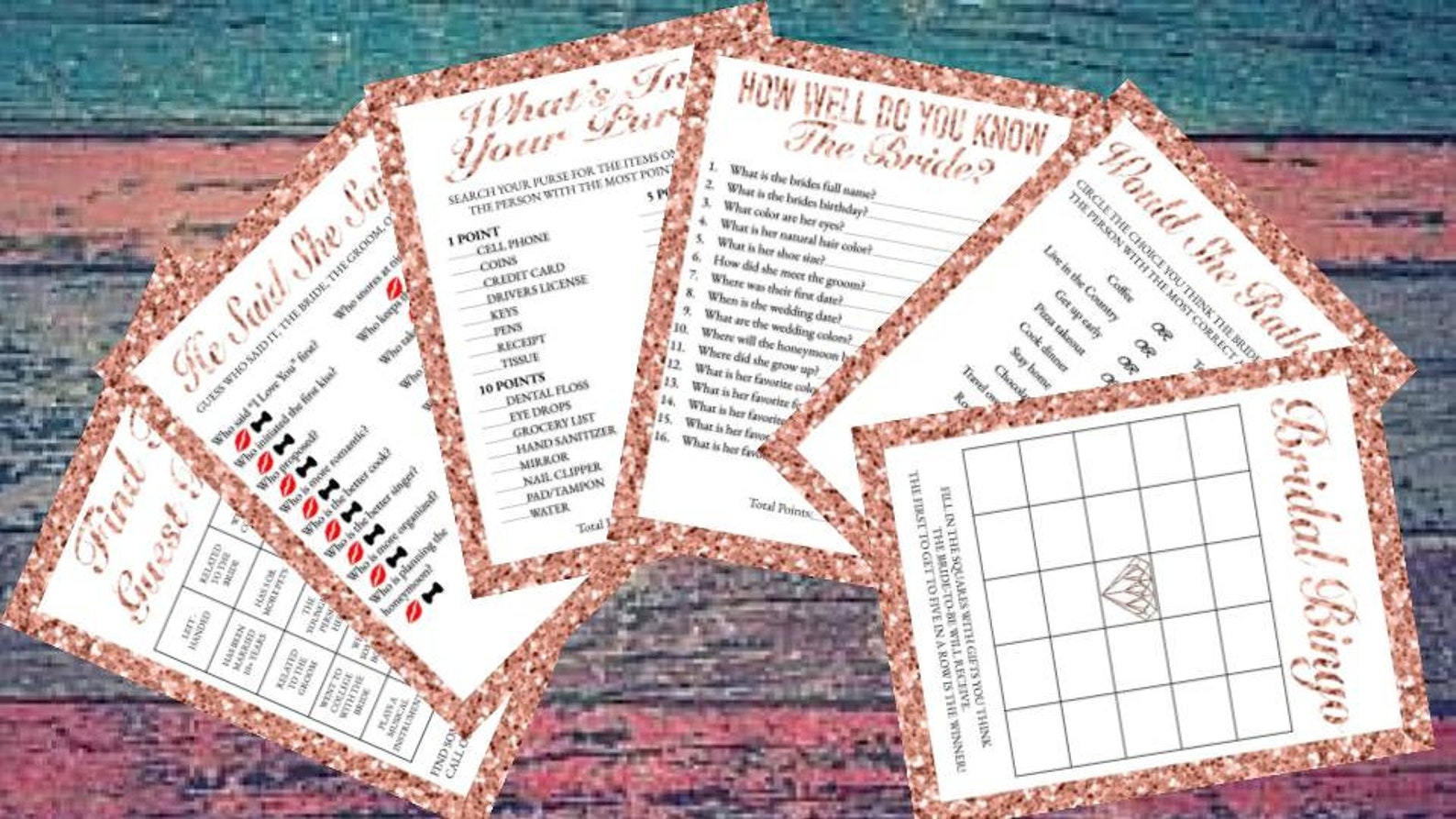 Rose Gold Border Bridal Shower Game Pack, Rose Gold Bridal Shower Games
