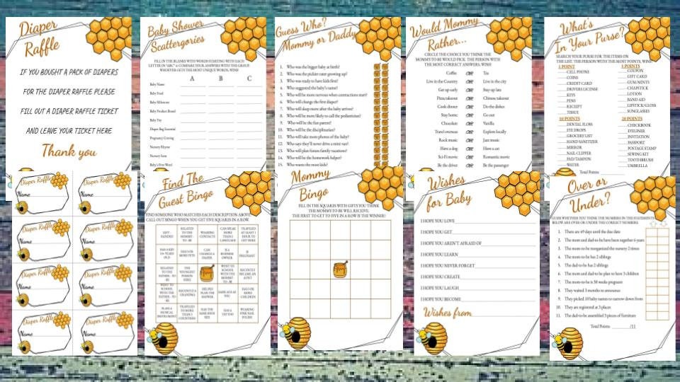 Bee Theme Baby Shower Games Pack, 10 Pack Baby Shower Games, Bee Theme Baby Shower Downloadable Games