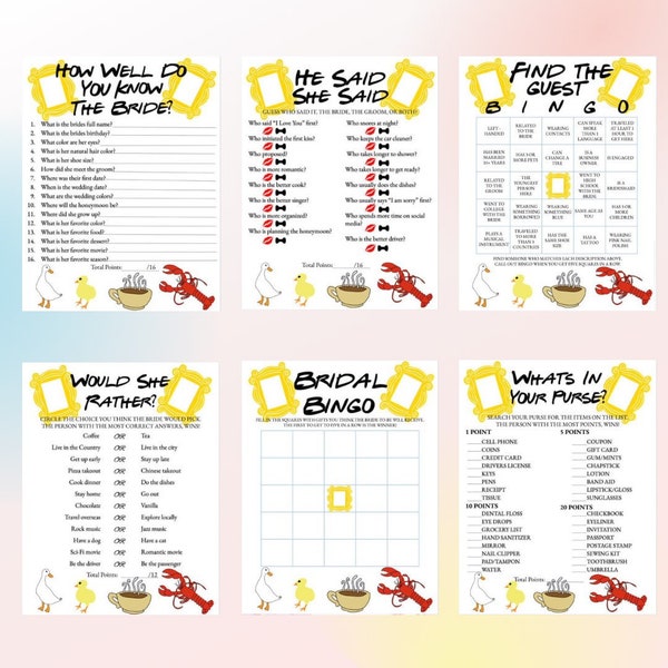 Friends Themed Bridal Shower Pack, 6 Bridal Shower Games, Friends Bridal Shower Games, Friends Theme Bridal Shower, Friends Bridal Games