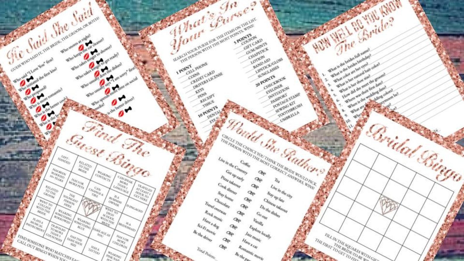 Rose Gold Border Bridal Shower Game Pack, Rose Gold Bridal Shower Games