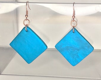 Polymer Clay Earrings, Blue Square Earrings, Blue Polymer Clay Earrings, Drop Earrings, Blue Clay Earrings