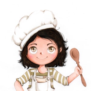 May include: A cartoon illustration of a young chef wearing a white chef's hat and a striped shirt, holding a wooden spoon.