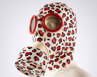 Leopard print gas mask with matching filter, fetish mask, rubber mask, cyberpunk,