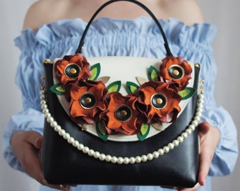 Handmade leather bag, Bag with flowers made in Ukraine, Exclusive mini bag, Mini women&#39;s leather bag, Luxury leather bag
