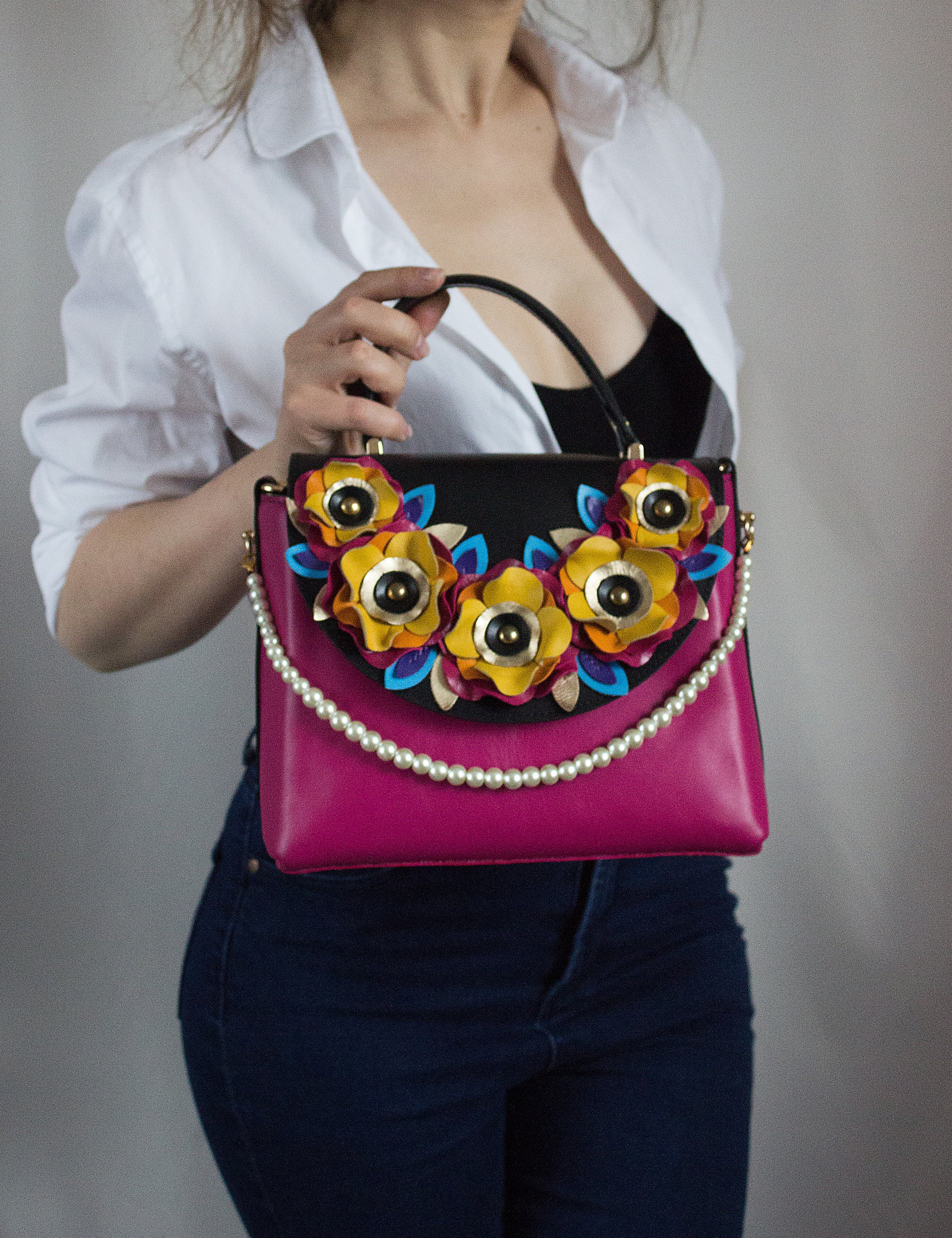 Handmade leather bag, Bag with flowers made in Ukraine, Exclusive brighr rose bag, Women's leather bag, Luxury leather bag, Barbie pink bag