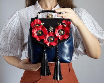 Handmade leather bag, Bag with poppies made in Ukraine, Exclusive mini bag backpack, Mini women&#39;s leather backpack, Blue leather backpack