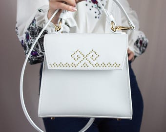 Exclusive white handmade etno leather bag with metal inlay. Hand stitch. Hand made