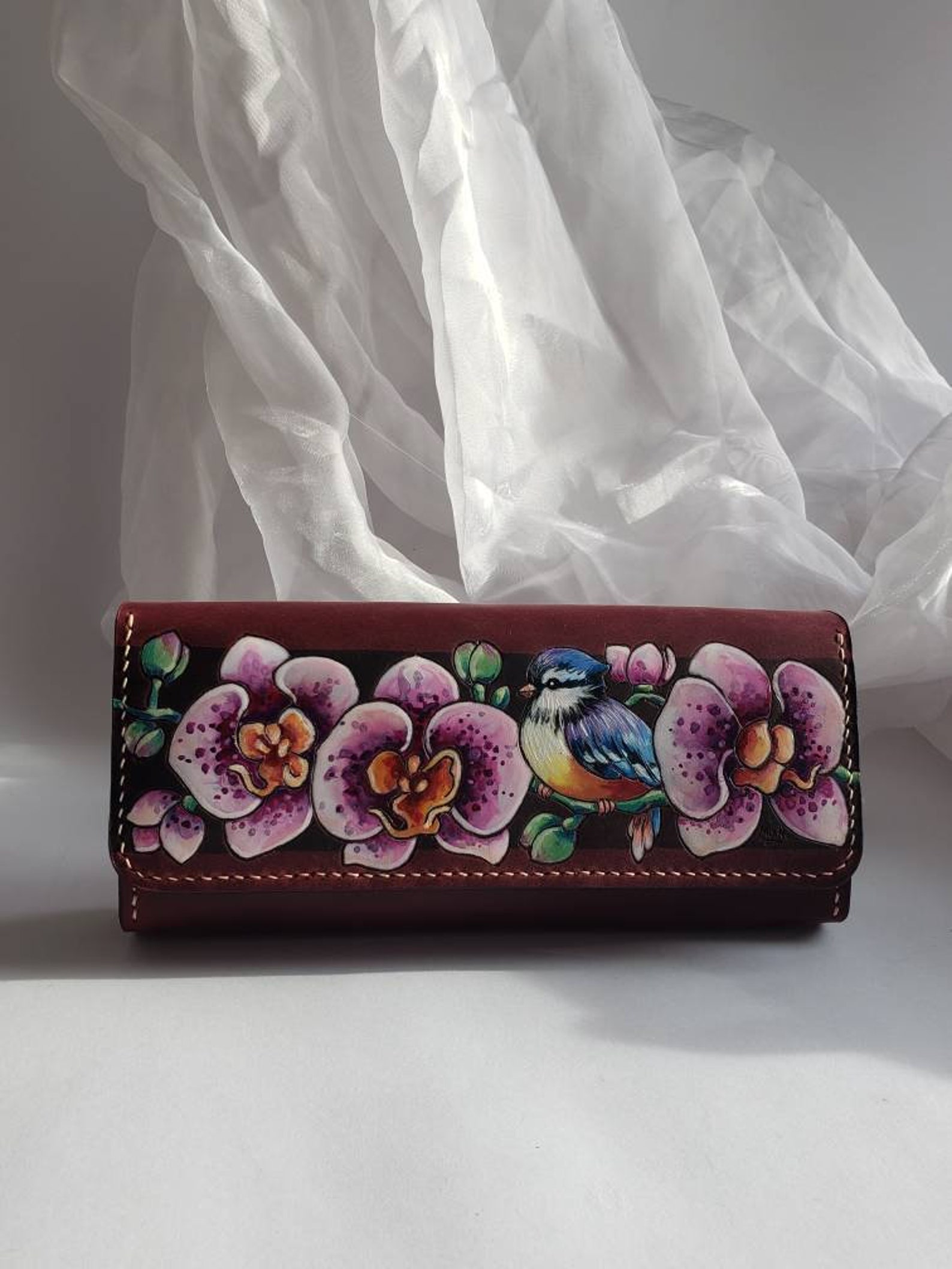 Hand-painted Leather Long Wallet: Hand-sewn Floral Design - Etsy