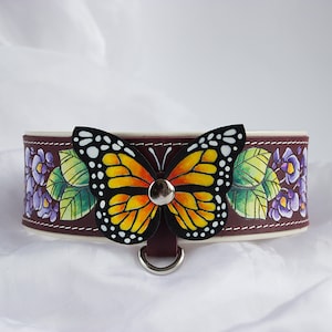 Exclusive hand painted and hand crafted leather collar for dog with flowers and butterfly.