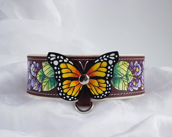 Exclusive hand painted and hand crafted leather collar for dog with flowers and butterfly.