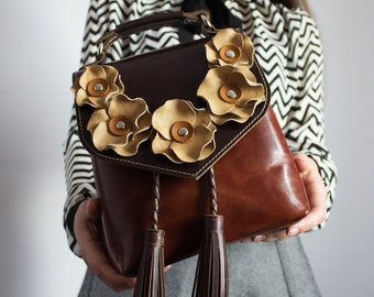 Handmade leather bag, Bag with flowers made in Ukraine, Exclusive mini bag backpack, Mini women&#39;s leather backpack, Luxury leather backpack