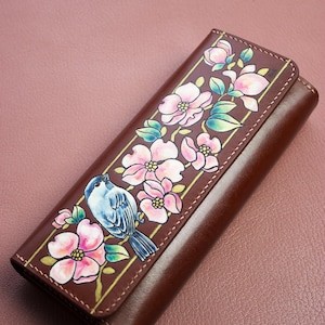 Cartera de piel exclusiva hecha a mano y pintada a mano. Cartera de piel cosida a mano. Cartera larga de piel pintada. Cartera de viaje de piel. Mujer