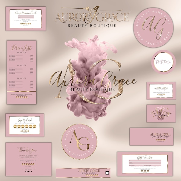 BLUSH ROSE Logo Bundle: Customizable Colors - Elegant Gold, Signature & Beauty Logos - Ideal for Makeup Artists, Boutiques