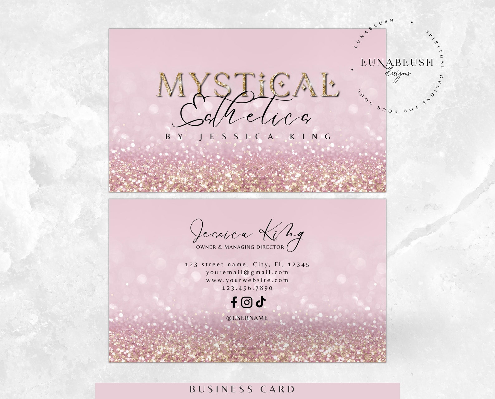 Faux Pink Glitter Business Card Template Business Card Gold Etsy