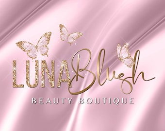 Gold Butterfly Logo Design, Pink Glitter Logo, Customizable Pink Glitter, Fashion Logo, Cosmetics Glam Logo, Lash Nail Hair Business Logo