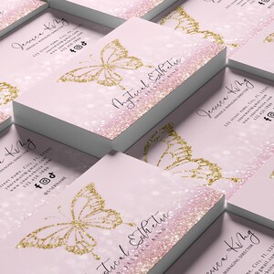 Faux Pink Glitter Butterfly Business card template, Lashes Business card, Gold Glitter, Iridescent texture, beauty salon, beauty logo