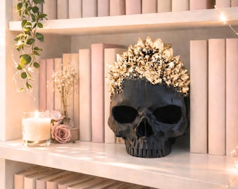 Black Skull Decor with Gold Leaf Crown • Gothic Esoteric Shelf Decor