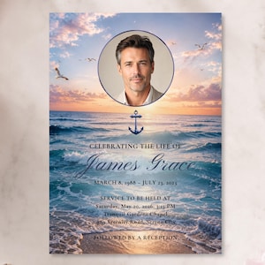 Ocean Memorial Template, Beach Celebration of Life Invitation, Coastal Funeral Service (5x7)'