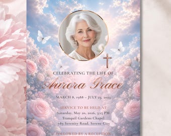 Pink Rose Memorial Template, Heavenly Garden Celebration of Life, Butterfly Funeral Invitation (Digital Download)