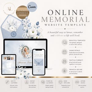 Op de afbeelding: Een online herdenkingswebsite-sjabloon met een lichtblauw en wit bloementhema. De weergave toont een laptop, tablet en smartphone met aanpasbare lay-outs, tekst en fotoplaatsaanduidingen om een leven te herdenken, inclusief iconen voor functies.