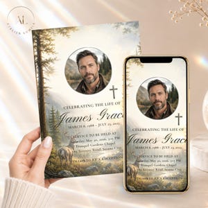 May include: A funeral program and a smartphone displaying a digital invitation featuring a circular portrait of a man, a cross, and a forest landscape with a deer. The text reads Celebrating the Life of James Grace, March 8, 1988 – July 23, 2023.
