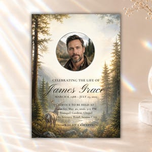 May include: A rectangular funeral programme card featuring a circular portrait of a man centred above a forest landscape with a deer. The text reads: CELEBRATING THE LIFE OF James Grace, MARCH 8, 1988 – JULY 23, 2023, SERVICE TO BE HELD AT Saturday, May 20, 2026, 3:15 PM, Tranquil Gardens Chapel, 789 Serenity Road, Serene City, FOLLOWED BY A RECEPTION.