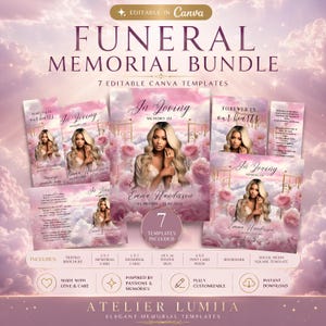 Editable Funeral Memorial Bundle, Pink Heaven Gates Canva Templates (Digital Download)