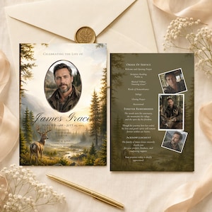 May include: A funeral program set featuring a forest landscape with a deer, an oval portrait of James Grace, and text including dates and service details. The second card lists the order of service and includes three small photos of the same person.