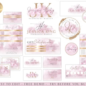 14 PC KIT Watercolor Gold Logo, Pink Beauty Logo, Signature Logo, Makeup artist Logo, Pink Rose Gold Logo, Complete branding Kit