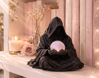 The Oracle Figurine • Hooded Figure with Rose Quartz Crystal Sphere, Esoteric Decor