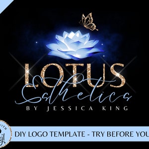 DIY Blue Lotus Logo, Editable Customizable Beauty Boutique Logo Template, Instant Download Glowing Bleu Lotus Fashion Logo DIY