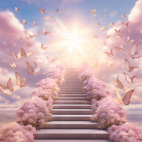 In Loving Memory & Flying butterflies PNG, Memorial Background EDITABLE CANVA Template Stairs to Heaven, Heaven Passage, Rest in Peace