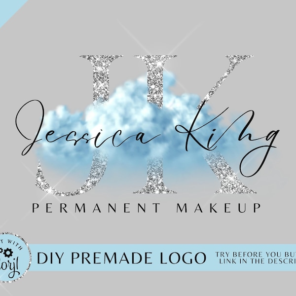 Watercolor Silver Logo, Blue Cloud Beauty Logo, Signature Logo, Makeup artist Logo, Blue Silver Logo, Blue Smoke Logo, permanent makeup