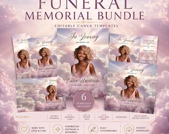 Pink Floral Heaven Funeral Memorial Bundle | Canva Templates (Digital Download)